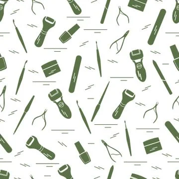Seamless pattern with variety tools for manicure and pedicure. Personal care. 스톡 일러스트