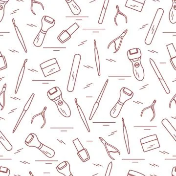 Seamless pattern with variety tools for manicure and pedicure. Personal care. 스톡 일러스트