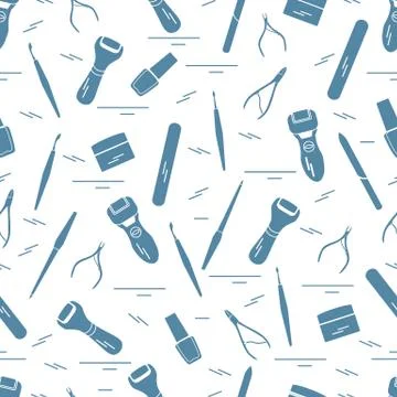 Seamless pattern with variety tools for manicure and pedicure. Personal care. Stock Illustration