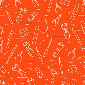 Seamless pattern with variety tools for manicure and pedicure. Personal care. Illustrazione stock