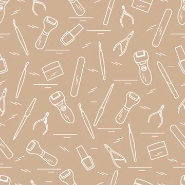 Seamless pattern with variety tools for manicure and pedicure. Personal care. Illustrazione stock