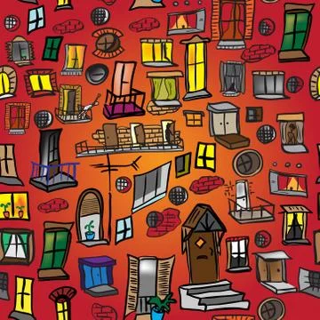Seamless pattern of a variety of windows, doors and balconies Illustrazione stock