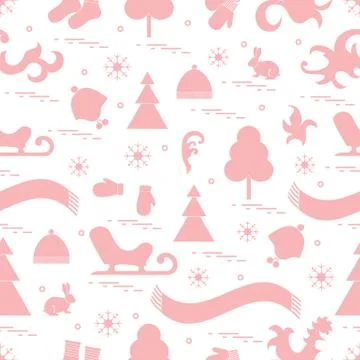 Seamless pattern with variety winter elements:  sleigh, tree, scarf, hat, mit Illustrazione stock