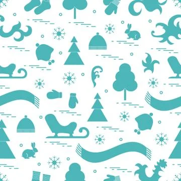 Seamless pattern with variety winter elements:  sleigh, tree, scarf, hat, mit 스톡 일러스트