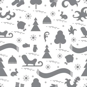 Seamless pattern with variety winter elements:  sleigh, tree, scarf, hat, mit 스톡 일러스트