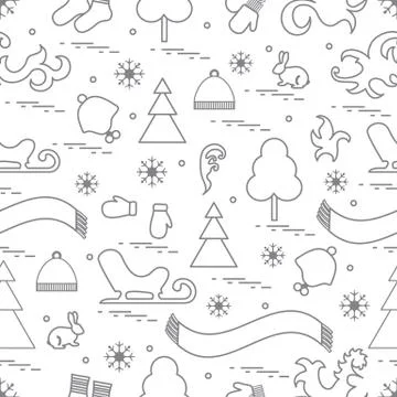 Seamless pattern with variety winter elements:  sleigh, tree, scarf, hat, mit Illustrazione stock
