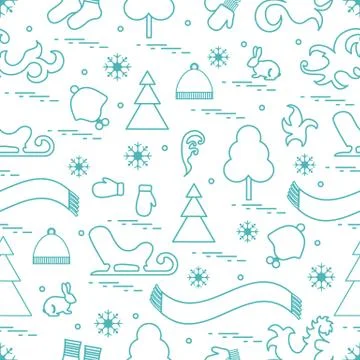 Seamless pattern with variety winter elements:  sleigh, tree, scarf, hat, mit Stock Illustration