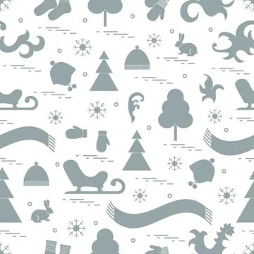 Seamless pattern with variety winter elements:  sleigh, tree, scarf, hat, mit Illustrazione stock