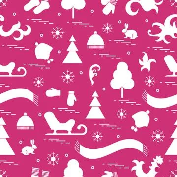 Seamless pattern with variety winter elements:  sleigh, tree, scarf, hat, mit Stock Illustration