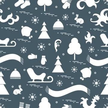 Seamless pattern with variety winter elements:  sleigh, tree, scarf, hat, mit Stock Illustration