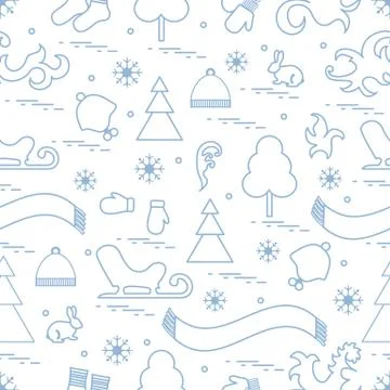 Seamless pattern with variety winter elements:  sleigh, tree, scarf, hat, mit Illustrazione stock