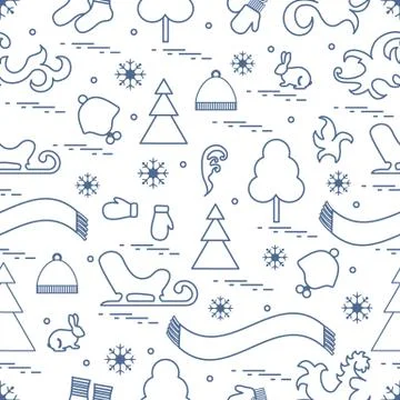 Seamless pattern with variety winter elements:  sleigh, tree, scarf, hat, mit Illustrazione stock