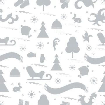 Seamless pattern with variety winter elements:  sleigh, tree, scarf, hat, mit Stock Illustration