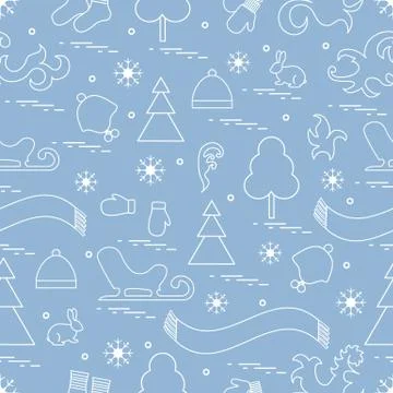 Seamless pattern with variety winter elements:  sleigh, tree, scarf, hat, mit Stock Illustration