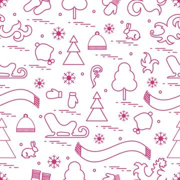 Seamless pattern with variety winter elements:  sleigh, tree, scarf, hat, mit Stock Illustration