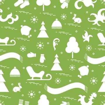 Seamless pattern with variety winter elements:  sleigh, tree, scarf, hat, mit Stockillustratie