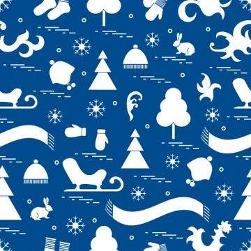 Seamless pattern with variety winter elements:  sleigh, tree, scarf, hat, mit Illustrazione stock