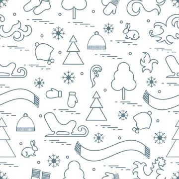 Seamless pattern with variety winter elements:  sleigh, tree, scarf, hat, mit Stock Illustration