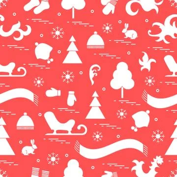 Seamless pattern with variety winter elements:  sleigh, tree, scarf, hat, mit Stock Illustration
