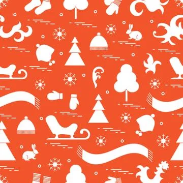 Seamless pattern with variety winter elements:  sleigh, tree, scarf, hat, mit 스톡 일러스트