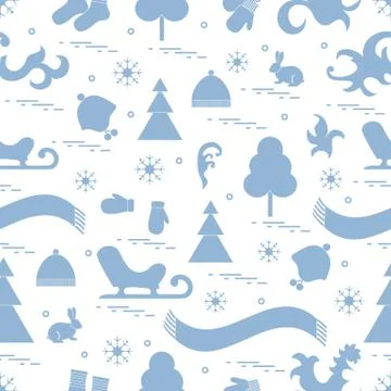 Seamless pattern with variety winter elements:  sleigh, tree, scarf, hat, mit 스톡 일러스트