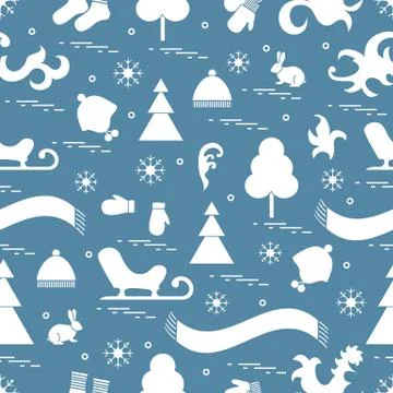 Seamless pattern with variety winter elements:  sleigh, tree, scarf, hat, mit Illustrazione stock