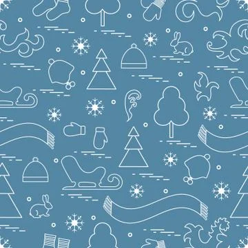 Seamless pattern with variety winter elements:  sleigh, tree, scarf, hat, mit Stock Illustration