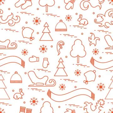 Seamless pattern with variety winter elements:  sleigh, tree, scarf, hat, mit 스톡 일러스트