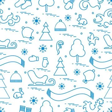 Seamless pattern with variety winter elements:  sleigh, tree, scarf, hat, mit イラスト素材