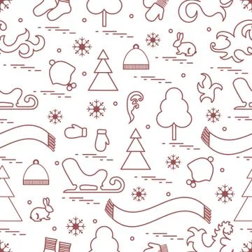 Seamless pattern with variety winter elements:  sleigh, tree, scarf, hat, mit 스톡 일러스트