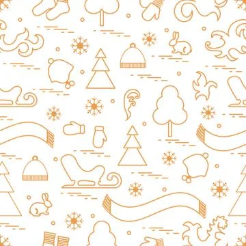 Seamless pattern with variety winter elements:  sleigh, tree, scarf, hat, mit 스톡 일러스트