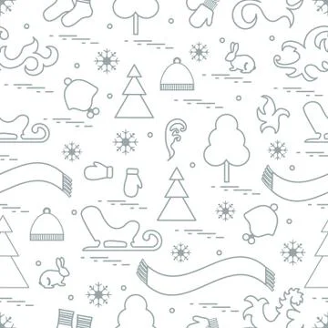 Seamless pattern with variety winter elements:  sleigh, tree, scarf, hat, mit Stock Illustration