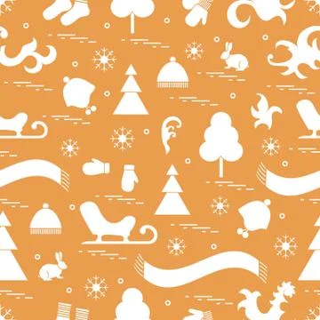 Seamless pattern with variety winter elements:  sleigh, tree, scarf, hat, mit Stock Illustration
