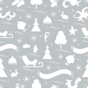 Seamless pattern with variety winter elements:  sleigh, tree, scarf, hat, mit Stock Illustration