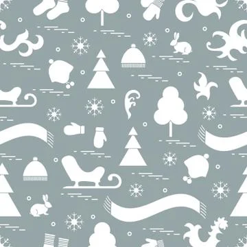Seamless pattern with variety winter elements:  sleigh, tree, scarf, hat, mit 스톡 일러스트