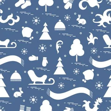 Seamless pattern with variety winter elements:  sleigh, tree, scarf, hat, mit Stock Illustration