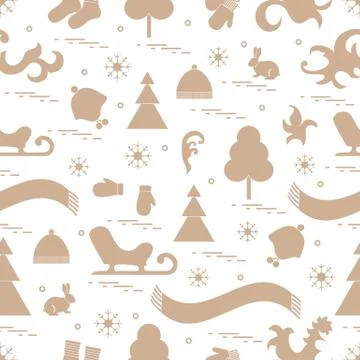 Seamless pattern with variety winter elements:  sleigh, tree, scarf, hat, mit Stock Illustration