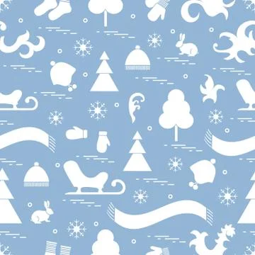 Seamless pattern with variety winter elements:  sleigh, tree, scarf, hat, mit Stockillustratie