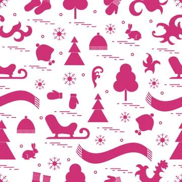 Seamless pattern with variety winter elements:  sleigh, tree, scarf, hat, mit イラスト素材
