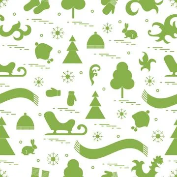 Seamless pattern with variety winter elements:  sleigh, tree, scarf, hat, mit Stock Illustration