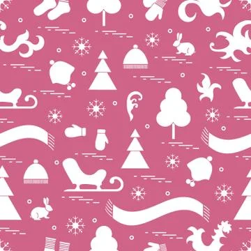 Seamless pattern with variety winter elements:  sleigh, tree, scarf, hat, mit Illustrazione stock