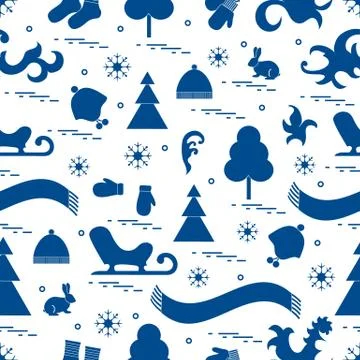 Seamless pattern with variety winter elements:  sleigh, tree, scarf, hat, mit Illustrazione stock