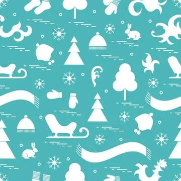 Seamless pattern with variety winter elements:  sleigh, tree, scarf, hat, mit Stock Illustration
