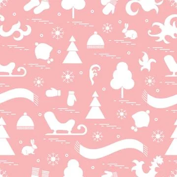 Seamless pattern with variety winter elements:  sleigh, tree, scarf, hat, mit 스톡 일러스트