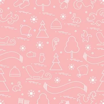 Seamless pattern with variety winter elements:  sleigh, tree, scarf, hat, mit 스톡 일러스트