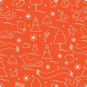 Seamless pattern with variety winter elements:  sleigh, tree, scarf, hat, mit Stock Illustration