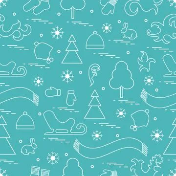 Seamless pattern with variety winter elements:  sleigh, tree, scarf, hat, mit 스톡 일러스트
