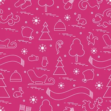 Seamless pattern with variety winter elements:  sleigh, tree, scarf, hat, mit 스톡 일러스트