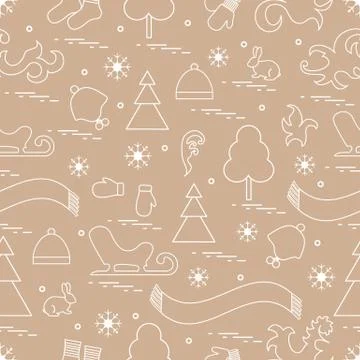 Seamless pattern with variety winter elements:  sleigh, tree, scarf, hat, mit Illustrazione stock