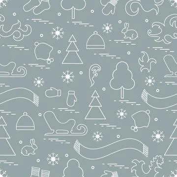 Seamless pattern with variety winter elements:  sleigh, tree, scarf, hat, mit Stock Illustration